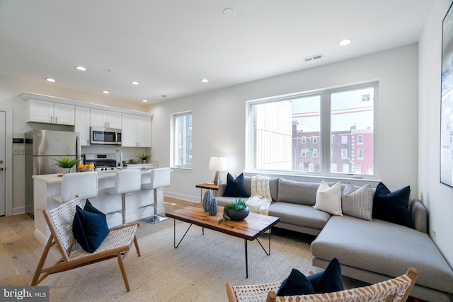 living room with light hardwood / wood-style flooring