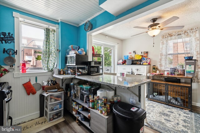 kitchen featuring light stone countertops, ceiling fan, stove, a textured ceiling, and hardwood / wood-style flooring