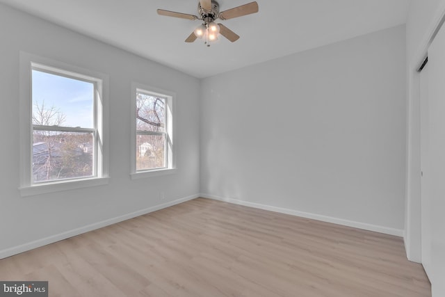 empty room featuring ceiling fan and light hardwood / wood-style flooring