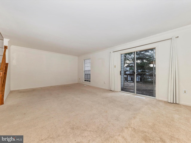 carpeted spare room with crown molding