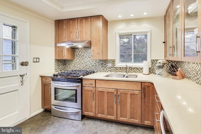 kitchen with stainless steel gas range, backsplash, a wealth of natural light, and sink