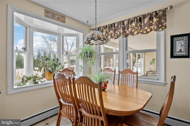 dining space with tile patterned floors, plenty of natural light, and a baseboard heating unit