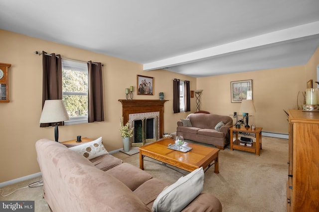 living room with beam ceiling, a baseboard radiator, and light carpet