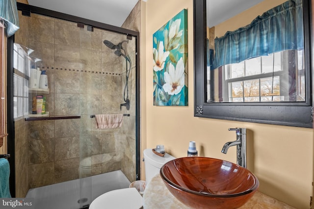 bathroom featuring toilet, an enclosed shower, and sink