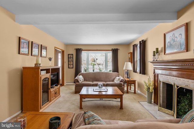 living room with a fireplace, light colored carpet, beamed ceiling, and baseboard heating