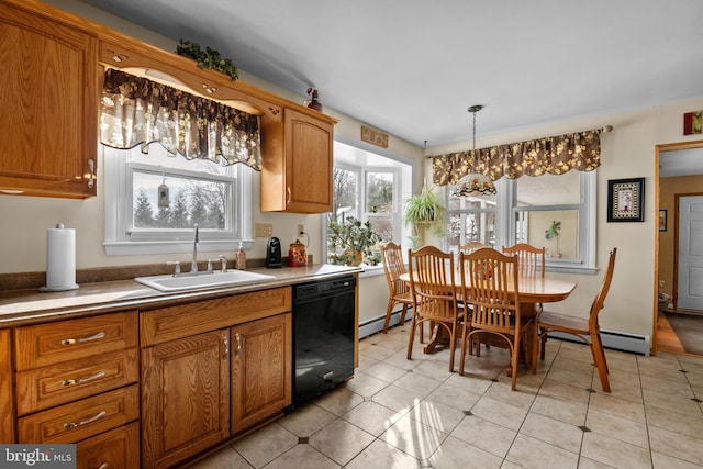 kitchen featuring baseboard heating, light tile patterned floors, sink, black dishwasher, and an inviting chandelier