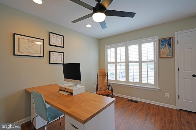 home office featuring ceiling fan and dark hardwood / wood-style flooring