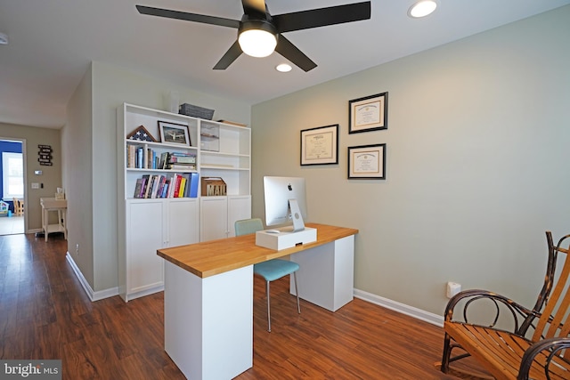 office featuring ceiling fan and dark hardwood / wood-style floors