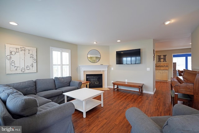 living room with a healthy amount of sunlight and dark wood-type flooring