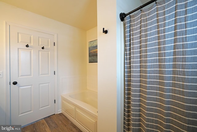 bathroom with hardwood / wood-style floors