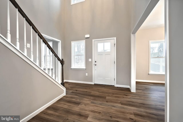 foyer with a high ceiling, a wealth of natural light, and dark wood-type flooring