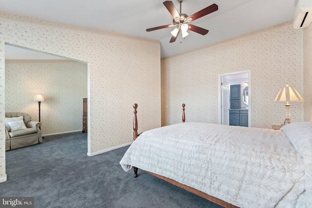 bedroom with an AC wall unit, dark carpet, connected bathroom, and ceiling fan