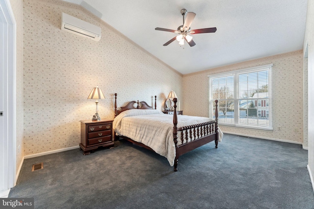 carpeted bedroom featuring lofted ceiling, a wall unit AC, and ceiling fan