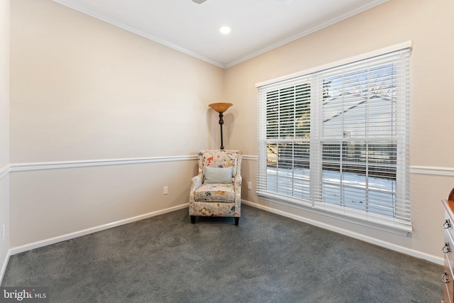 unfurnished room with ornamental molding, a healthy amount of sunlight, and dark carpet