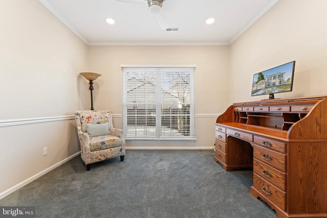 home office with ceiling fan, ornamental molding, and dark colored carpet