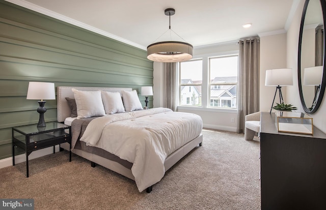 bedroom with carpet and ornamental molding