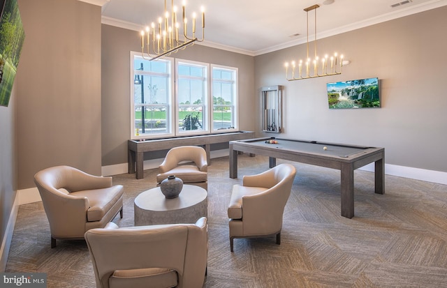 recreation room featuring crown molding, pool table, and an inviting chandelier