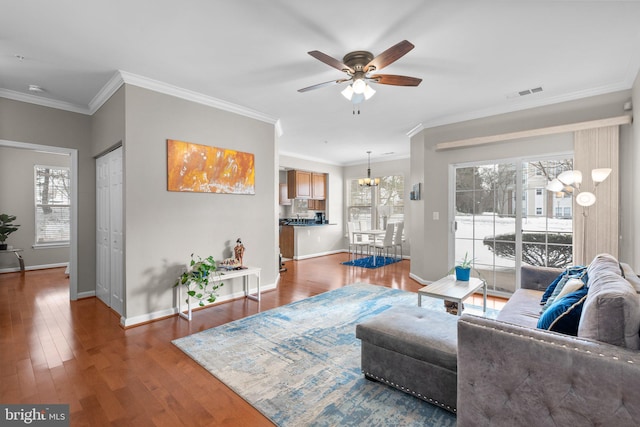 living room with crown molding, dark hardwood / wood-style flooring, and ceiling fan with notable chandelier