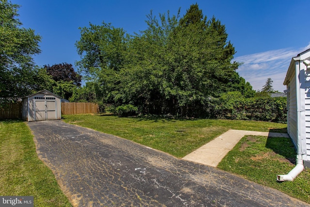 view of yard featuring a storage shed