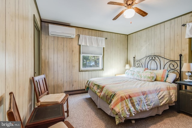 bedroom featuring carpet, a baseboard heating unit, a wall mounted AC, and ceiling fan