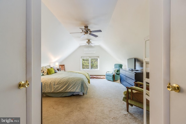 carpeted bedroom with lofted ceiling, ceiling fan, and a wall mounted AC