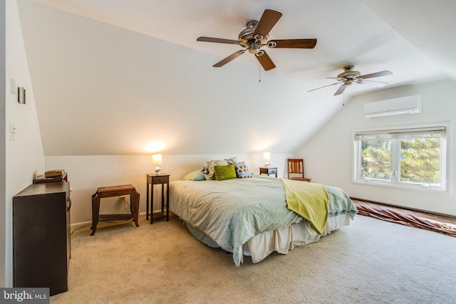 bedroom with light carpet, ceiling fan, vaulted ceiling, and a wall mounted AC