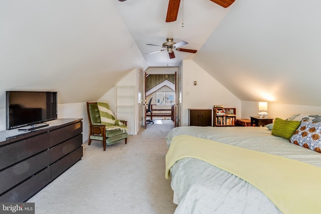 bedroom featuring ceiling fan, vaulted ceiling, and light carpet