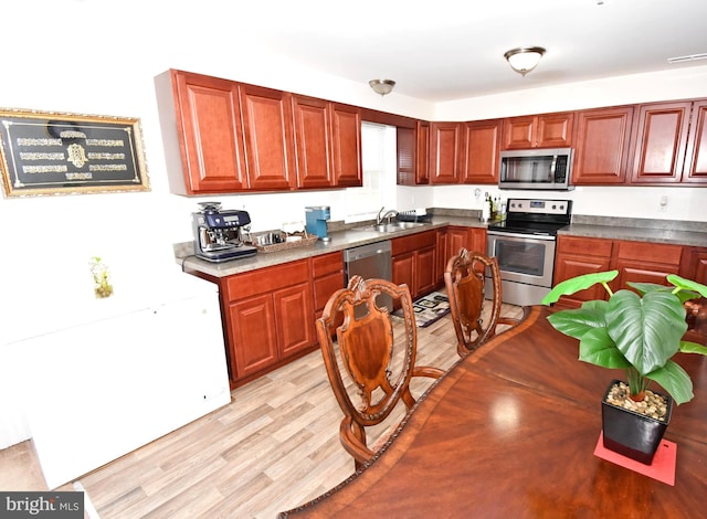 kitchen with light hardwood / wood-style floors, sink, and appliances with stainless steel finishes