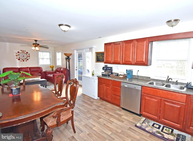 kitchen with stainless steel dishwasher, ceiling fan, light wood-type flooring, and sink