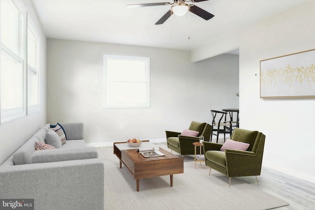 living room featuring ceiling fan, a wealth of natural light, and light hardwood / wood-style flooring