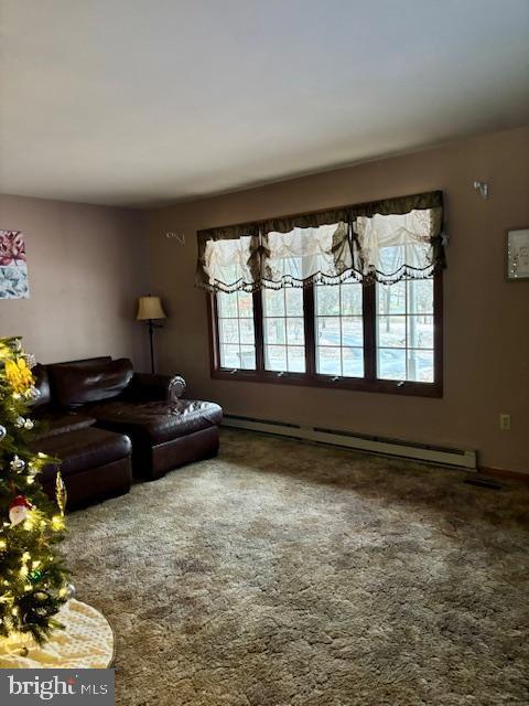 living room featuring carpet flooring and a baseboard radiator