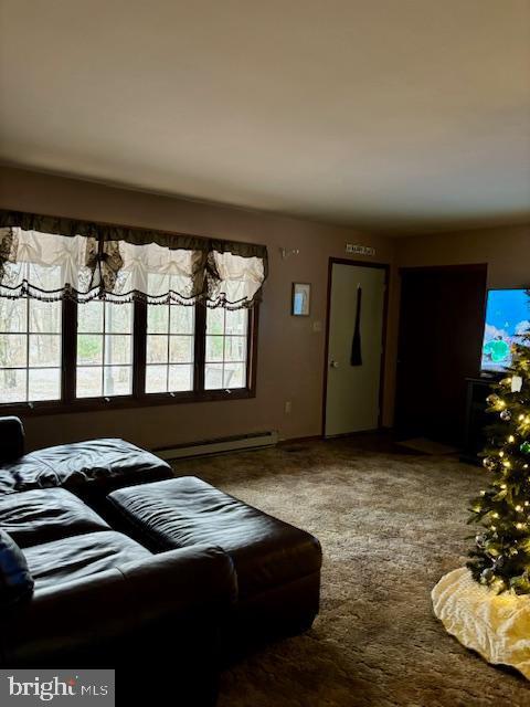 bedroom with baseboard heating and carpet flooring