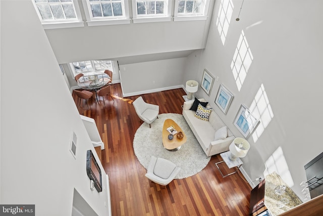 living room with a high ceiling and hardwood / wood-style flooring