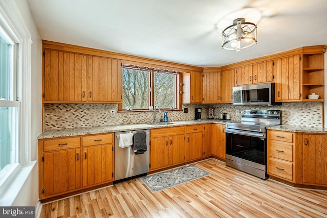 kitchen featuring decorative backsplash, sink, stainless steel appliances, and light hardwood / wood-style floors