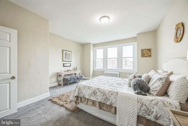 carpeted bedroom with radiator heating unit