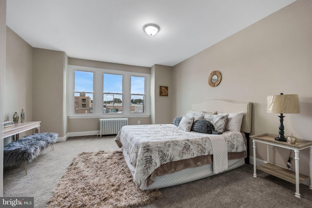 bedroom with radiator heating unit and carpet floors