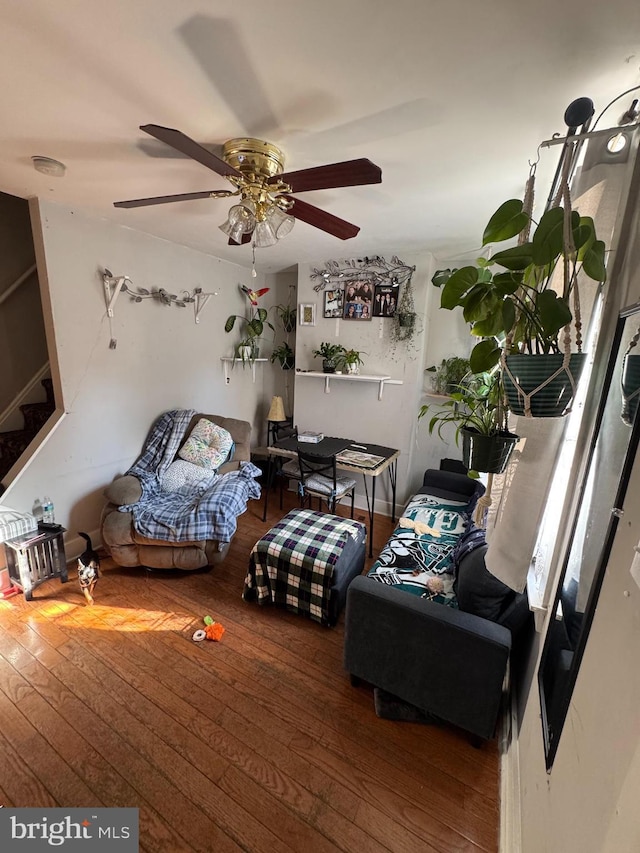 living room featuring ceiling fan and hardwood / wood-style floors