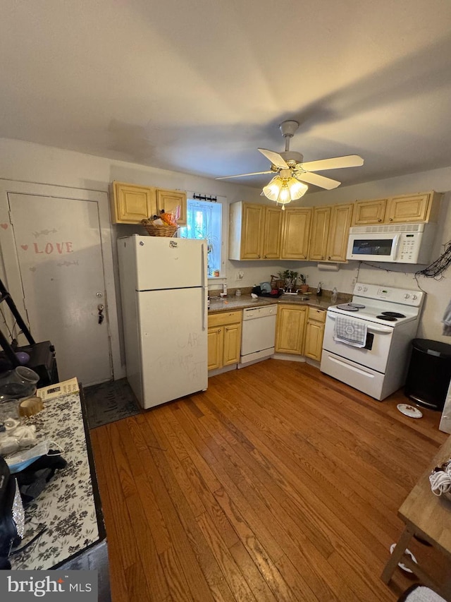 kitchen with light brown cabinets, ceiling fan, light hardwood / wood-style flooring, and white appliances