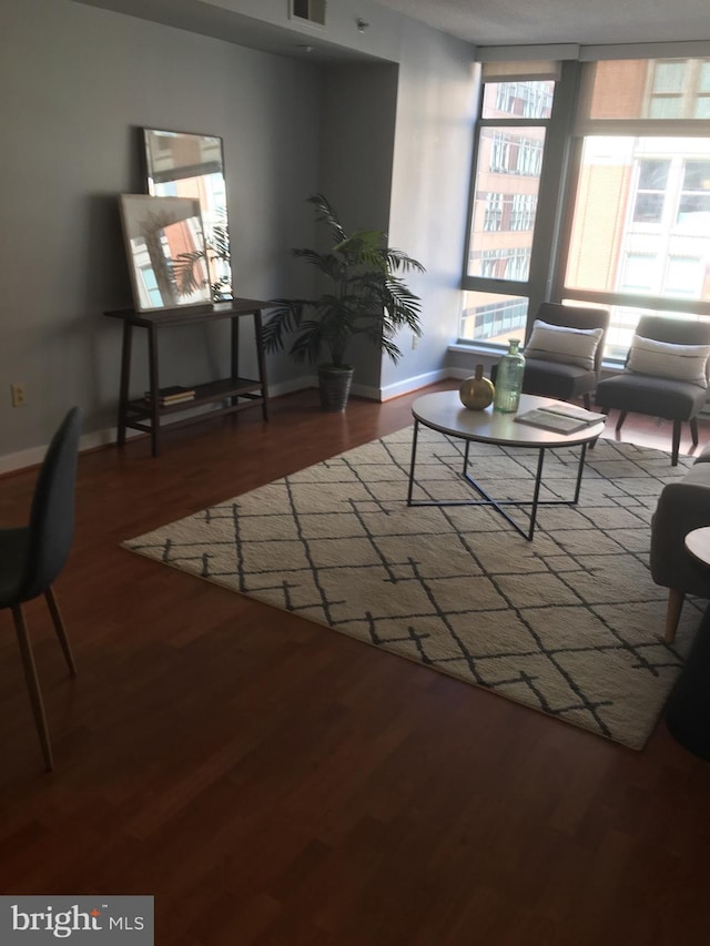 living room featuring dark hardwood / wood-style flooring and a wall of windows