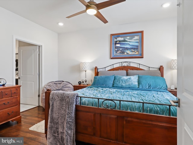 bedroom featuring ceiling fan and dark wood-type flooring