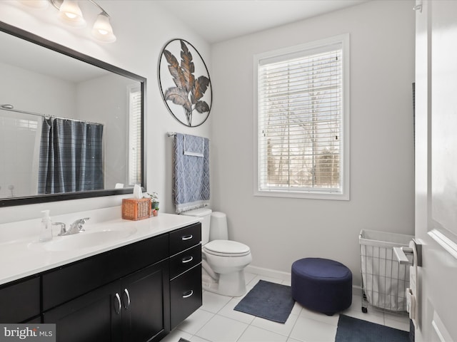 bathroom featuring radiator heating unit, tile patterned floors, toilet, vanity, and a shower with shower curtain