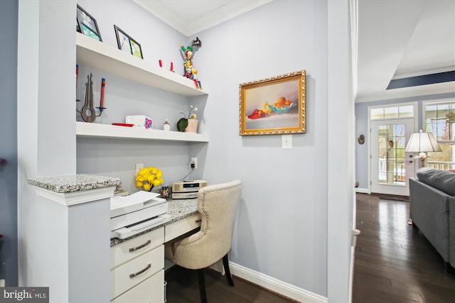 office with dark wood-type flooring and crown molding