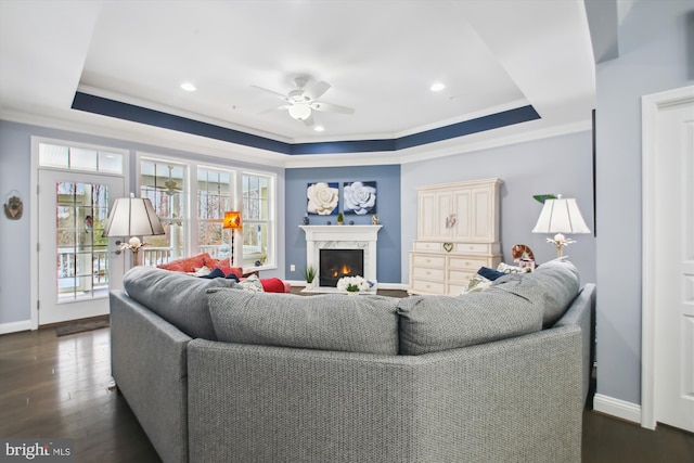 living room with ceiling fan, a healthy amount of sunlight, and a tray ceiling