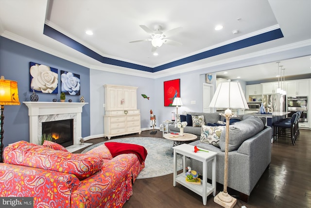 living room with ceiling fan, dark wood-type flooring, a tray ceiling, and a high end fireplace