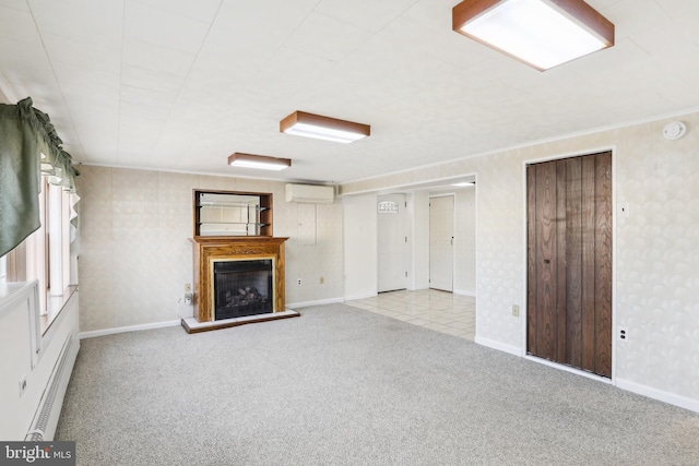 unfurnished living room with light carpet, a baseboard radiator, and a wall mounted AC