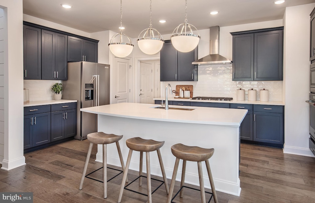 kitchen with sink, wall chimney exhaust hood, stainless steel appliances, dark hardwood / wood-style flooring, and an island with sink