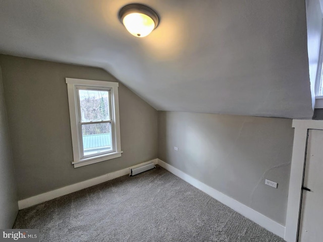 bonus room featuring carpet flooring, a baseboard radiator, and lofted ceiling