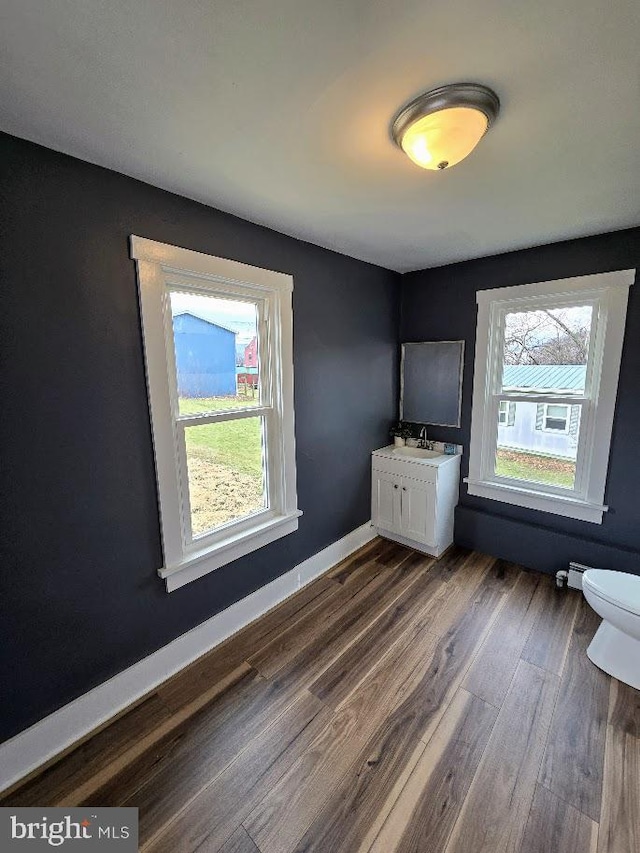 unfurnished bedroom featuring sink and dark wood-type flooring