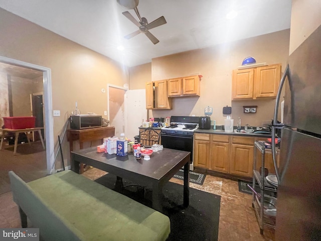 kitchen featuring ceiling fan, stainless steel appliances, and light brown cabinetry