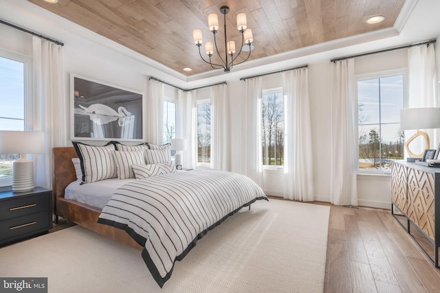 bedroom with hardwood / wood-style floors, wooden ceiling, and an inviting chandelier